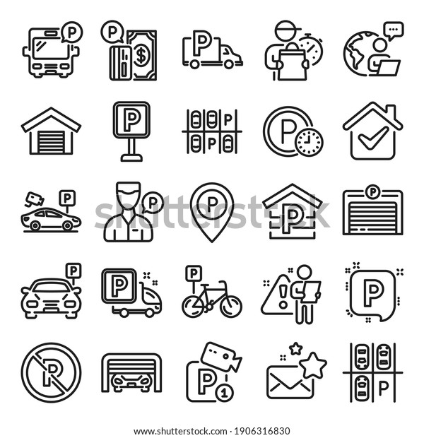 Parking line icons. Car garage, Valet servant and\
Paid transport parking icons. Video monitoring, Bike or Car park\
and Truck or Bus transport garage. Money payment, Map pointer and\
Free park. Vector