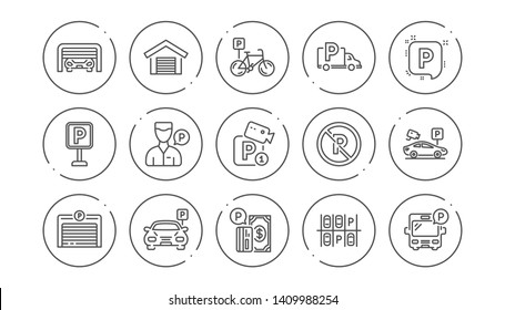 Parking line icons. Garage, Valet servant and Paid parking. Car transport park place linear icon set. Line buttons with icon. Editable stroke. Vector