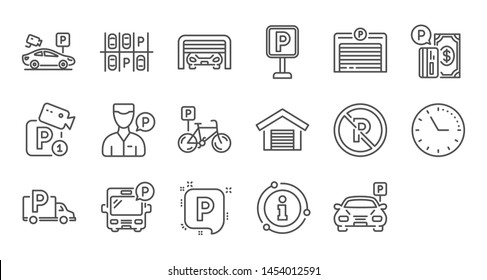 Parking Line Icons. Garage, Valet Servant And Paid Parking. Car Transport Park Place Linear Icon Set. Quality Line Set. Vector