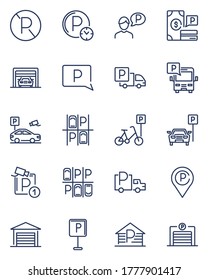 Parking Line Icons Set. Car Parked At Road Sign, Parking Lot, Garage, Valet, App, Places For Parking Bike, Bus And Truck. Vector Illustrations For City Transport, Transportation, Driving Concepts