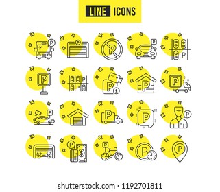 Parking line icons. Set of Garage, Valet servant and Paid parking linear icons. Video monitoring, Bike or Car park and Truck or Bus stopping. Money payment, Map pointer and Free park place. Vector