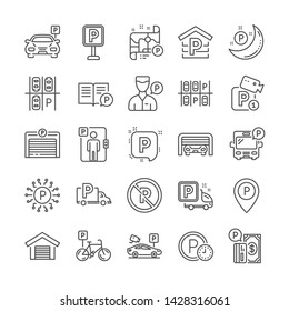 Parking line icons. Valet servant, Car garage and Paid transport parking icons. Video monitoring, Bike or Car park and Truck or Bus transport garage. Money payment, Map pointer and Free park. Vector