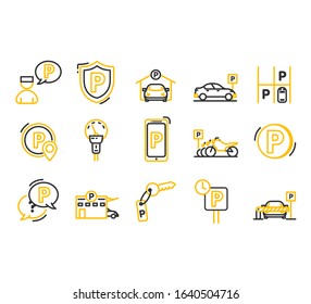 Parking line icons. Valet servant and Paid transport parking icons. Car transport park place linear icon set. Quality line set. Vector