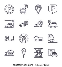 diseño de conjunto de iconos de estilo de línea de estacionamiento, tema de estacionamiento y transporte Ilustración de vectores