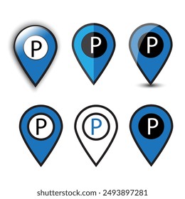 Parking location icons. Blue map markers. Various styles. Vector illustration.