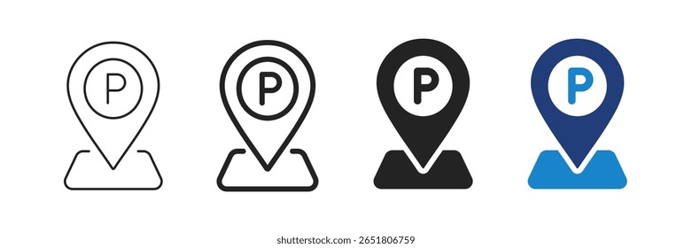 Parking location icons – editable stroke navigation symbols with letter P and pin marker.