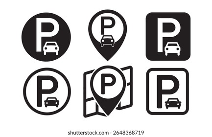 Parkplatz Icons Set, Kartenstift und Autosymbole, Vektorgrafik	