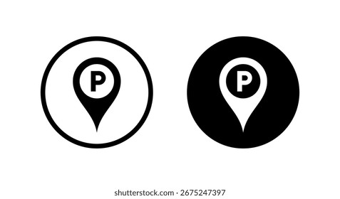 Icono de pin de mapa de ubicación de estacionamiento en círculo negro. Símbolo P en el marcador GPS