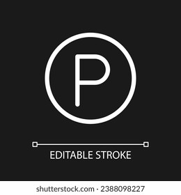 Parking location pixel perfect white linear ui icon for dark theme. Find garage. GPS navigation. Vector line pictogram. Isolated user interface symbol for night mode. Editable stroke. Arial font used