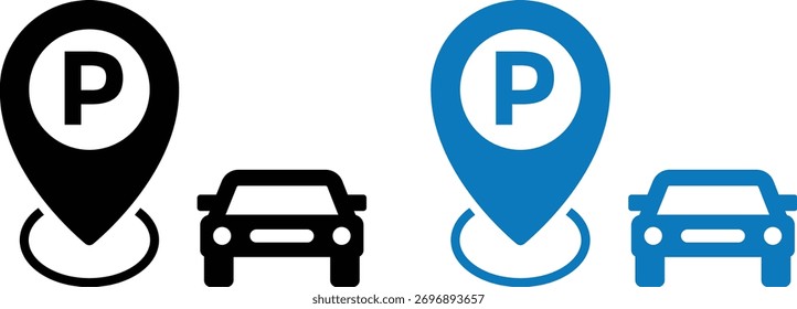 Parking location pointer icon. Map location pointer. GPS destination marker for vehicles. Map marker with letter P sign

