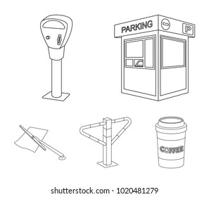 A parking lot, a parking meter, a check for services, a barrier. Parking zone set collection icons in outline style vector symbol stock illustration web.