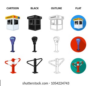 A parking lot, a parking meter, a check for services, a barrier. Parking zone set collection icons in cartoon,black,outline,flat style vector symbol stock illustration web.