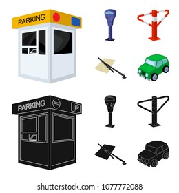 A parking lot, a parking meter, a check for services, a barrier. Parking zone set collection icons in cartoon,black style vector symbol stock illustration web.