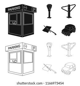 A parking lot, a parking meter, a check for services, a barrier. Parking zone set collection icons in black,outline style vector symbol stock illustration web.