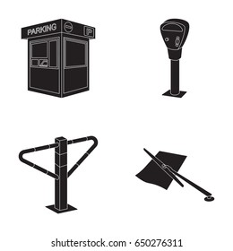 A parking lot, a parking meter, a check for services, a barrier. Parking zone set collection icons in black style vector symbol stock illustration web.