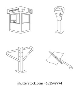 A parking lot, a parking meter, a check for services, a barrier. Parking zone set collection icons in outline style vector symbol stock illustration web.