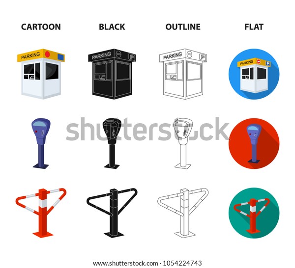 A parking\
lot, a parking meter, a check for services, a barrier. Parking zone\
set collection icons in cartoon,black,outline,flat style vector\
symbol stock illustration\
web.
