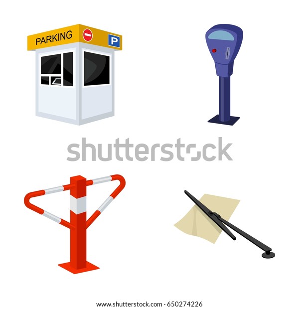 A parking lot, a parking meter, a\
check for services, a barrier. Parking zone set collection icons in\
cartoon style vector symbol stock illustration\
web.
