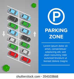 Parking lot, parking sign illustration. Car and transportation, auto park. Cars, top view. Isolated vector illustration.