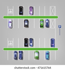 Parking lots with cars vector illustration. Top view. Automotive collection.