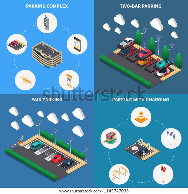 Parking lots facilities concept 4 isometric compositions\
icons square with charging stalls multi level complex vector\
illustration 