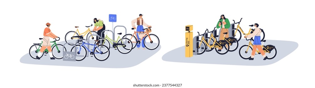 Parking lots with many bicycles. Rental bikes store area, place. People cyclists and eco city transport, sharing cycles station. Flat graphic vector illustrations isolated on white background