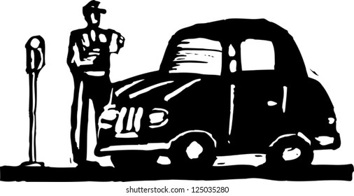 A parking meter attendant stands in front of car