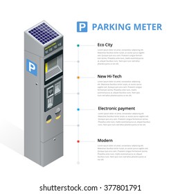 Parking meter infographic allowing payment with mobile phone, credit cards, coins