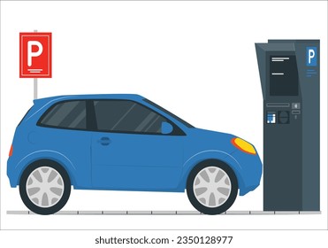 Parking meter at paid parking in the street. Parking Machine Near car Parking. Machine With Electronic Payment That Issues A Permit To Car. car entering the paid parked by car. 2334