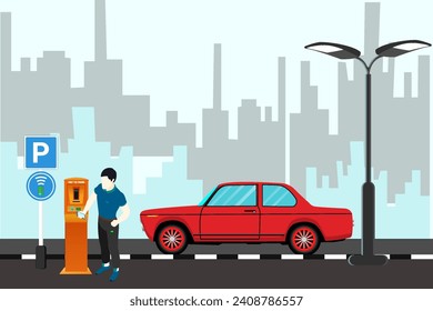 Parking meters.Parking lot with authorized parking machine.Self service parking pay.Wireless, contactless or cashless payments, rfid nfc.