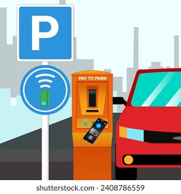 Parking meters.Parking lot with authorized parking machine.Self service parking pay.Wireless, contactless or cashless payments, rfid nfc.