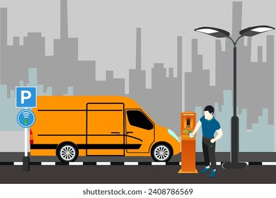 Parking meters.Parking lot with authorized parking machine.Self service parking pay.Wireless, contactless or cashless payments, rfid nfc.