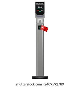 Parking meters.Parking lot with authorized parking machine.Self service parking pay.Wireless, contactless or cashless payments, rfid nfc
