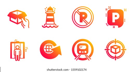 Parking, Metro subway and World globe line icons set. Lighthouse, No parking and Hold box signs. Elevator, Parcel tracking symbols. Auto park, Underground. Transportation set. Vector