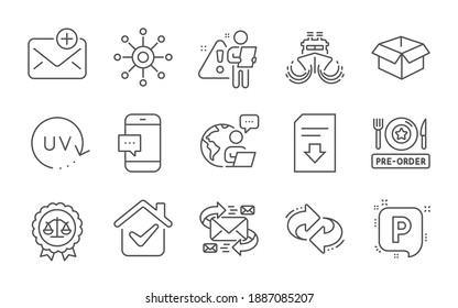 Parking, Multichannel and Smartphone message line icons set. Download file, E-mail and Justice scales signs. Refresh, New mail and Uv protection symbols. Pre-order food, Ship and Opened box. Vector