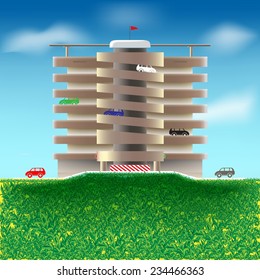 Parking multilevel. Parking tiered. Garage spiral. Vector illustration