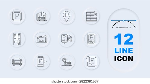 Parking navigation set icon. Neomorphism collection with automobile spaces, reservation markers, entrance barriers, directional signs, mobile payment graphics.