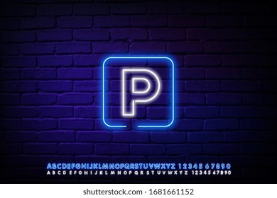 Signo de neón de estacionamiento vectorial. Diseño de la zona de estacionamiento señalización neón, banner luminoso, carteles de neón, publicidad nocturna brillante, inscripción de luz. Ilustración del vector