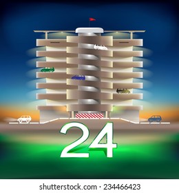Parking night. Parking multilevel. Parking tiered. Vector illustration