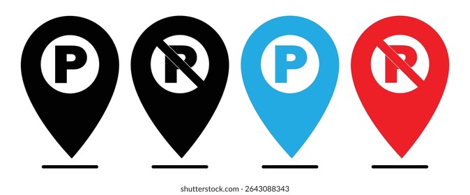Parking and No parking icon sign inside of location map icon with white background . No parking Vector icon set. Parking prohibition. Prohibition road signs set. Vector illustrator, symbol.