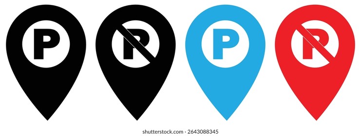 Parking and No parking icon sign inside of location map icon with white background . No parking Vector icon set. Parking prohibition. Prohibition road signs set. Vector illustrator, symbol.