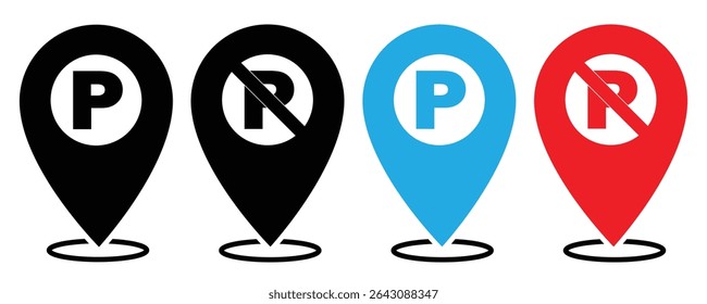Parking and No parking icon sign inside of location map icon with white background . No parking Vector icon set. Parking prohibition. Prohibition road signs set. Vector illustrator, symbol.