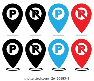 Parking and No parking icon sign inside of location map icon with white background . No parking Vector icon set. Parking prohibition. Prohibition road signs set. Vector illustrator, symbol.