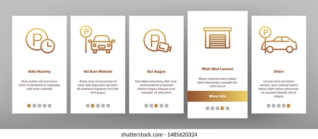 Parking Onboarding Mobile App Page Screen Vector. Parking Service Sign And GPS Mark, Garage With Car And Bicycle, Key And Park Place Linear Pictograms. Illustrations