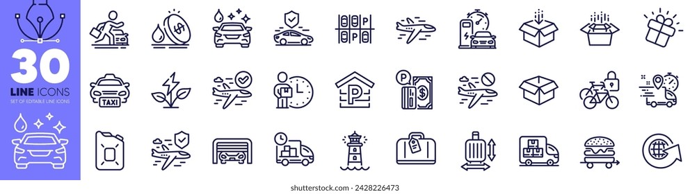 Parking, Opened box and Parking place line icons pack. Hand baggage, Get box, Delivery man web icon. Delivery, Eco power, Taxi pictogram. Charging station, Cancel flight, World globe. Vector
