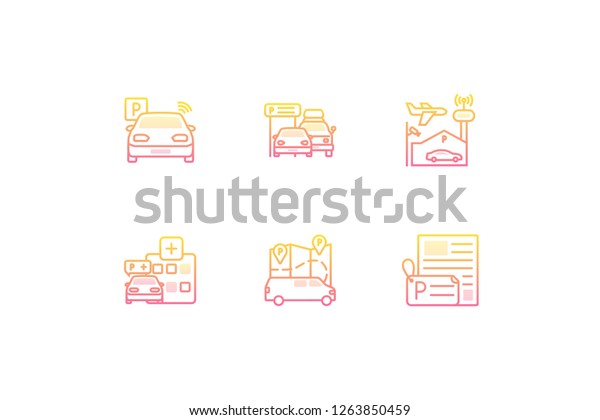 Parking Options gradient\
icon set which include Parking Station, Street, Airport, Hospital,\
Resident  Parking, Park and Rides icons. Linear vector\
illustrations for web.