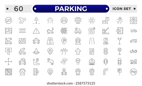 parking outline icons related to road, street, drive, crosswalk, highway, traffic, lights, gps, bridge, roundabout, directions, barrier.
