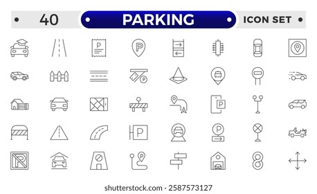 parking outline icons related to road, street, drive, crosswalk, highway, traffic, lights, gps, bridge, roundabout, directions, barrier.
