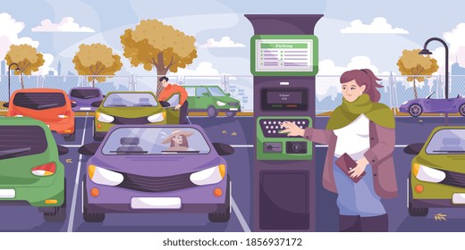 Parking pay flat composition with outdoor parking lot scenery cars and female driver touching payment terminal vector illustration
