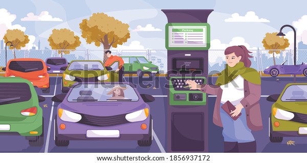 Parking pay flat composition with outdoor\
parking lot scenery cars and female driver touching payment\
terminal vector\
illustration